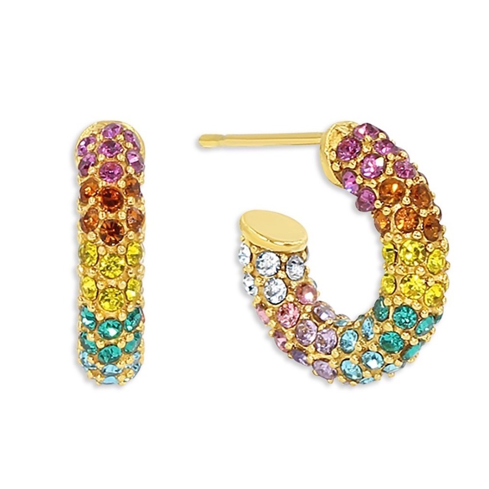 Jackie Mack Designs Rainbow Huggie Hoop Earrings Gold Plated Multi Color CZ Pavé